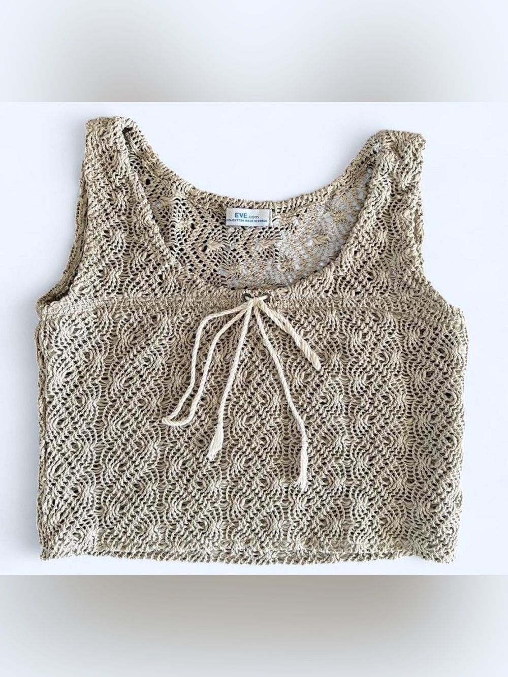 Eve Open-Knit Tie-Front Crop Top Sage Green Crochet Boho Beachy Coastal